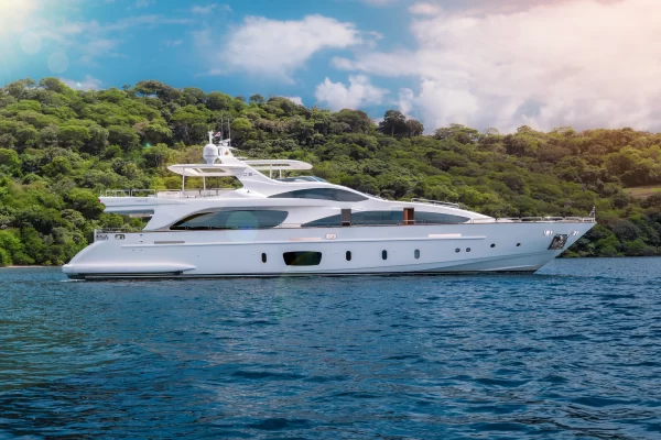 Azimut 105ft Megayacht cruising off the coast of Costa Rica with breathtaking views.